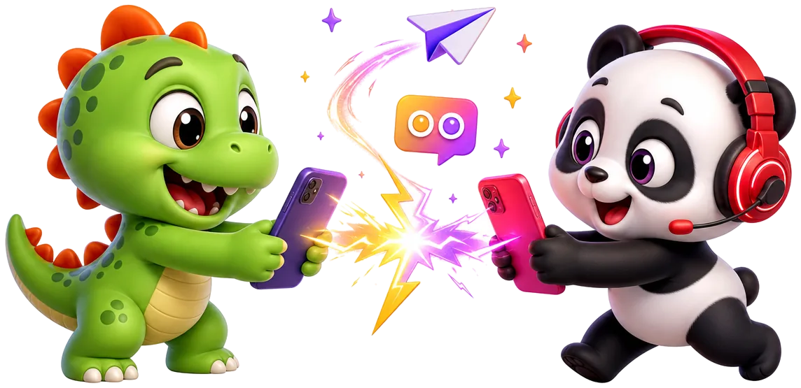 A dino and a panda in a friendly phone face-off