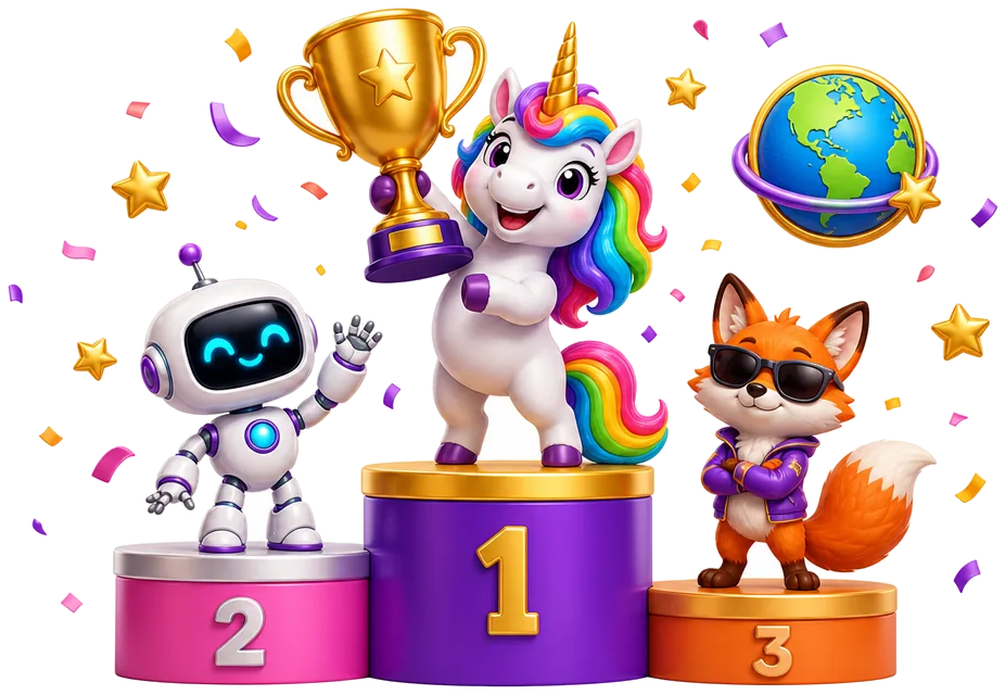A unicorn holding a trophy on a winners podium next to a robot and a fox